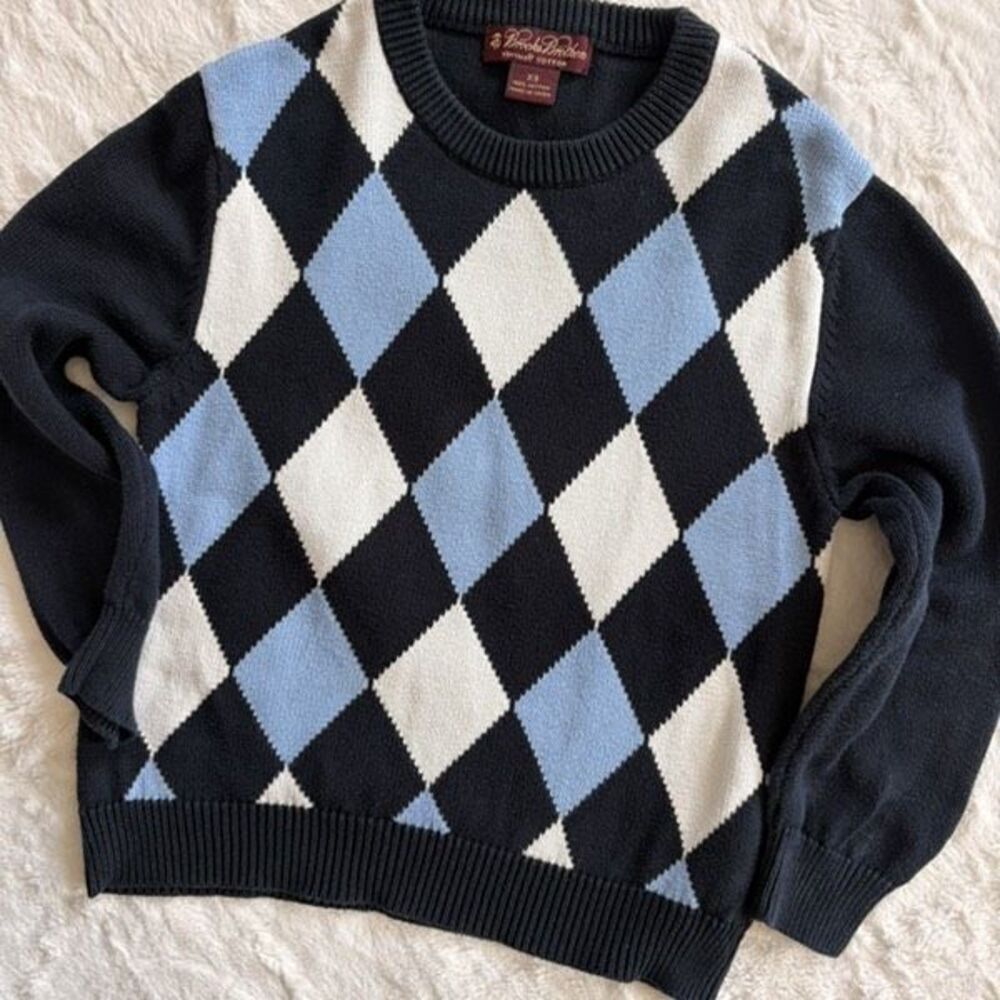 Brooks Brothers Boys Argyle Sweater Size XS Navy Blue White Cotton Pullover